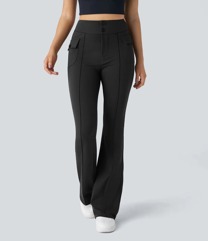 High Waisted Side Flap Pocket Flare Casual Cargo Trousers