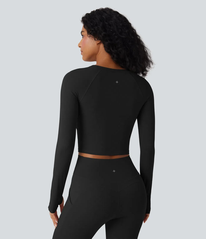 SoftlyZero QuickDry Cut Out Long Sleeve Thumb Hole Cropped Yoga Sports Top