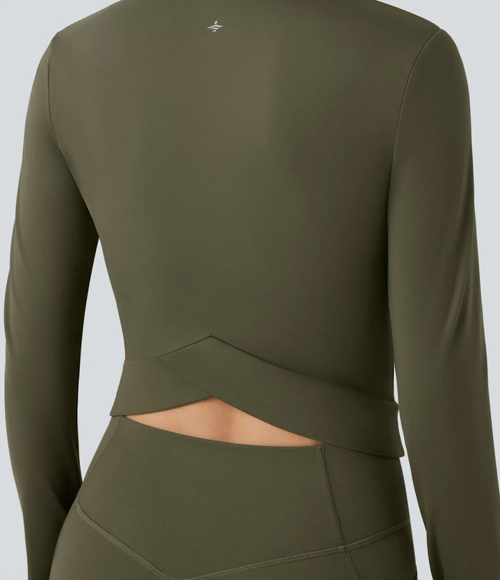 SoftlyZero Plush Stand Collar Long Sleeve Thumb Holes Crossover Back Yoga Jackets