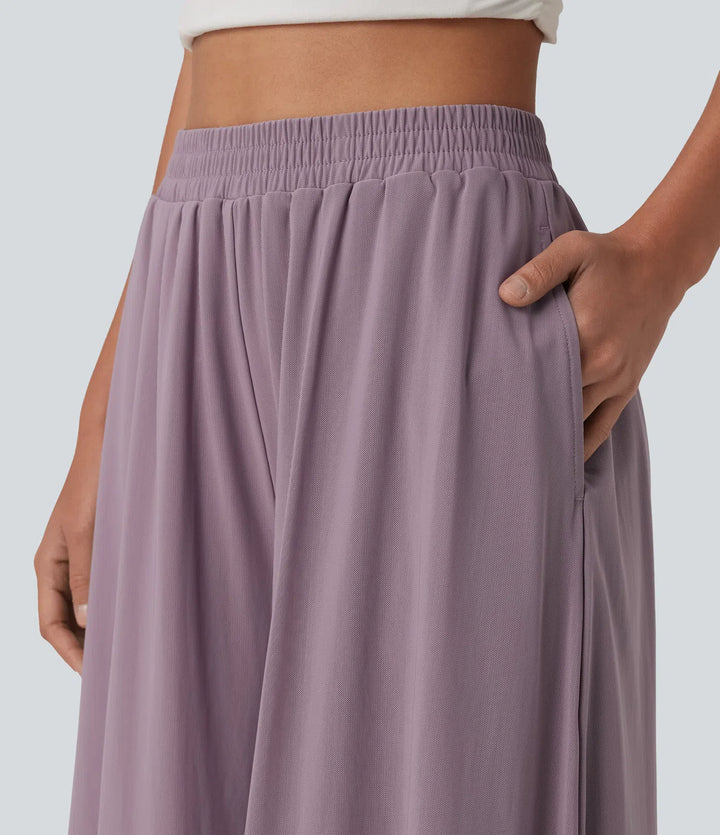 High Waisted Pocket Mesh Overlay Wide Leg Casual Trousers