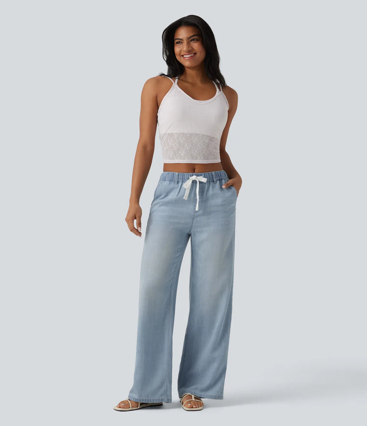 Halara Flex Mid Rise Drawstring Lyocell Washed Casual Jeans with Pockets