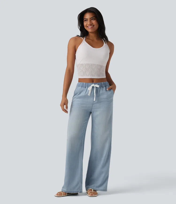 Halara Flex Mid Rise Drawstring Lyocell Washed Casual Jeans with Pockets