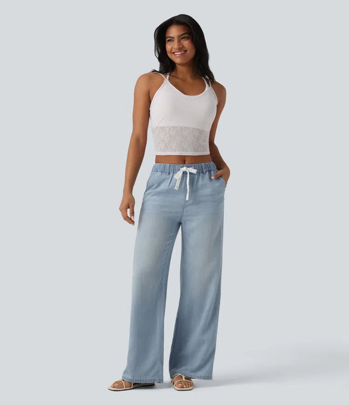 Halara Flex Mid Rise Drawstring Lyocell Washed Casual Jeans with Pockets