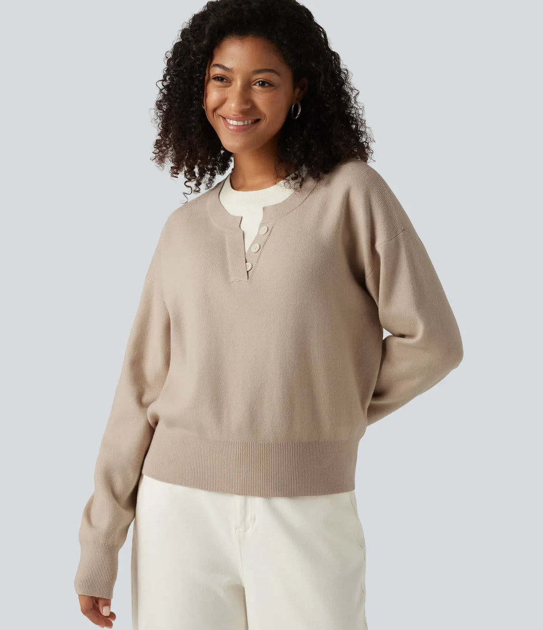 Round Neck Dropped Long Sleeve Color Block Work Jumper