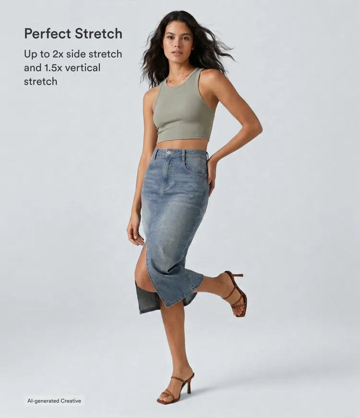 Halara Flex High Waisted Pockets Bodycon Washed Denim Casual Midi Skirt