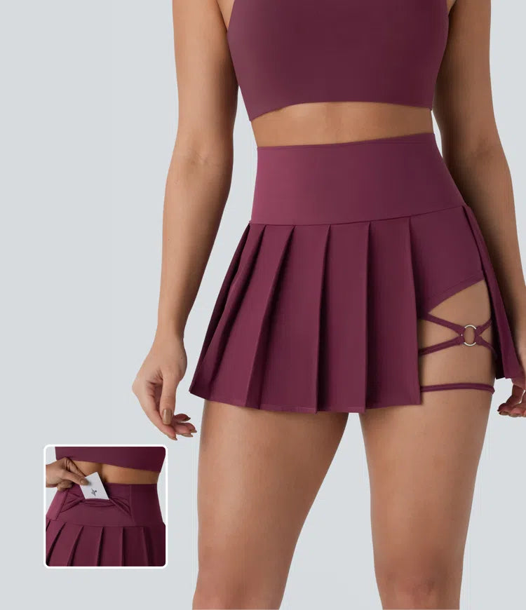 Breezeful High Waisted Pleated 2-in-1 Side &amp; Pocket Asymmetric Hem Quick Dry Mini Dance Skirt