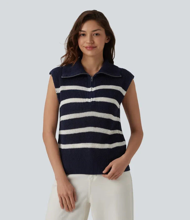 Half Zip Sleeveless Stripe Casual Jumper