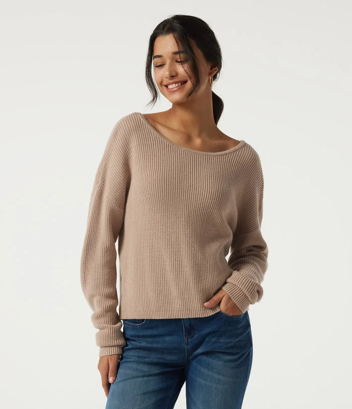 Boat Neck Long Sleeve Cut Out Back Casual Jumper