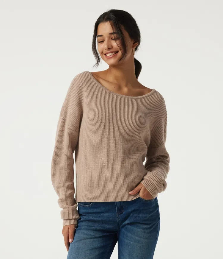 Boat Neck Long Sleeve Cut Out Back Casual Jumper