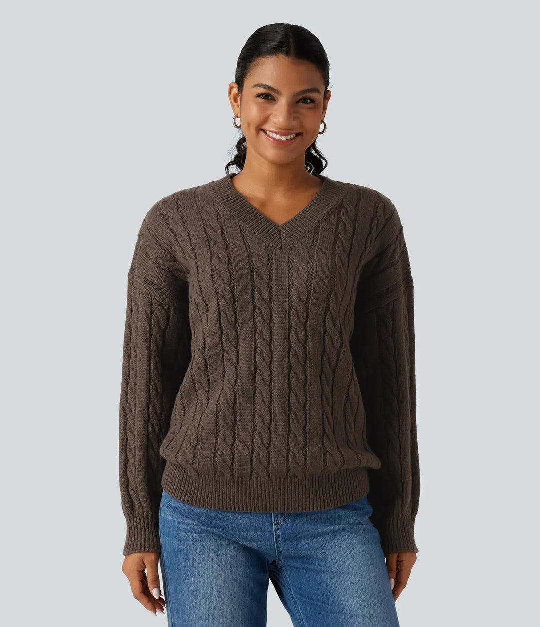 V Neck Dropped Long Sleeve Cable Knit Casual Wool-Blend Jumper