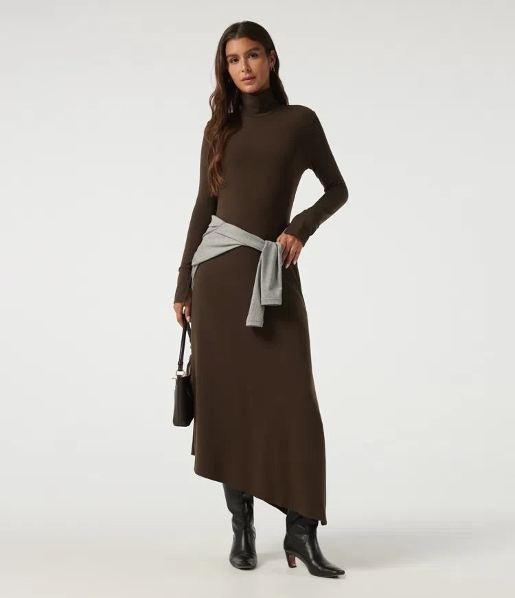High Neck Long Sleeve Asymmetric Thermal Casual Bodycon Midi Dress