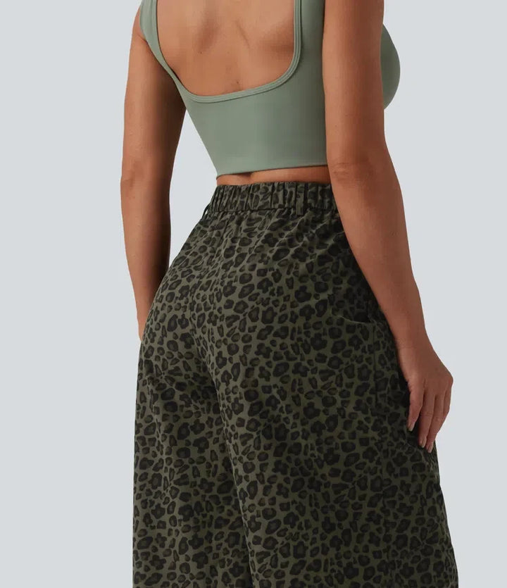 Mid Rise Wide Leg Baggy Leopard Print Casual Trousers with Pockets