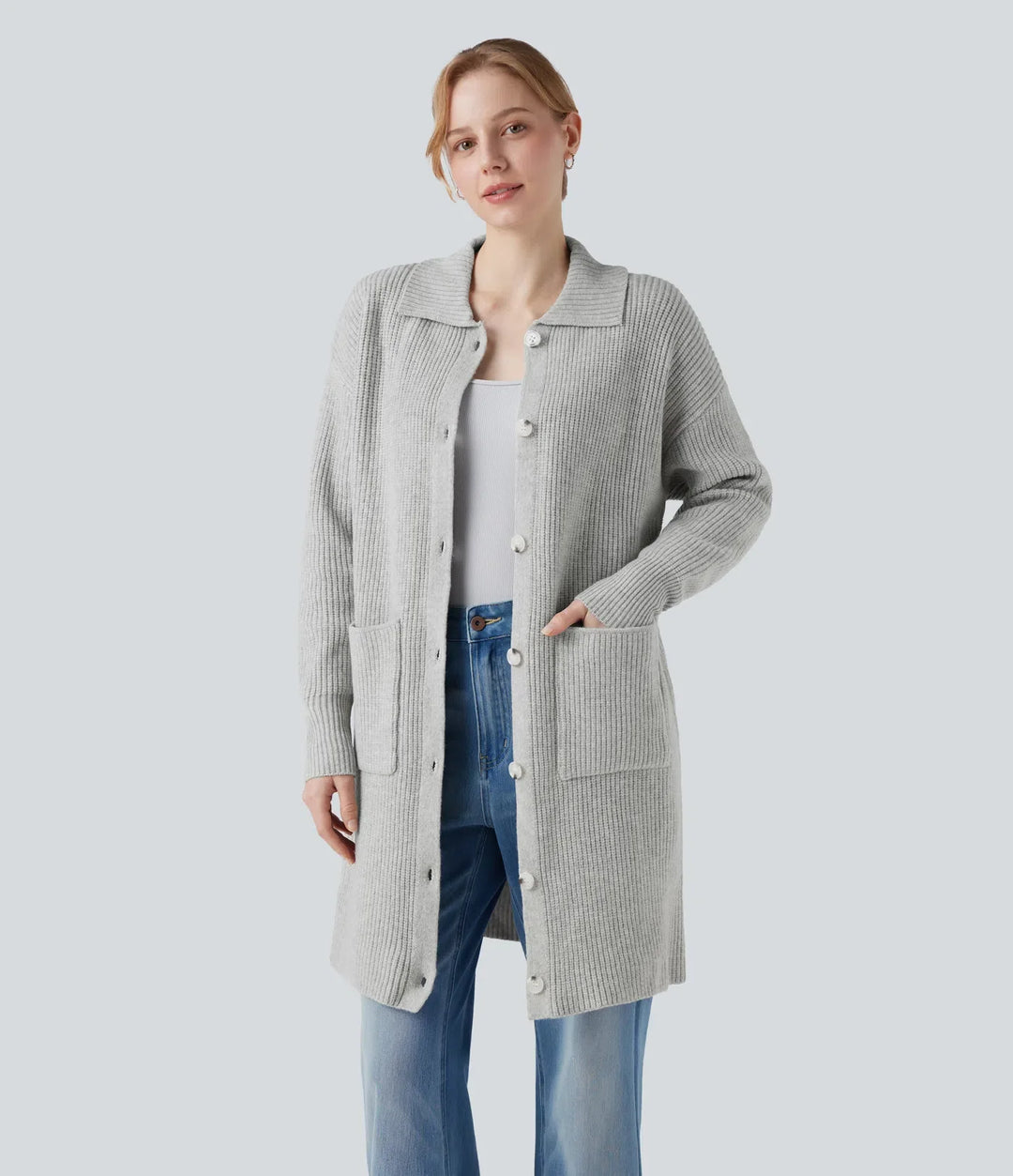 Collar Long Sleeve Button Fly Casual Longline Cardigan with Pockets