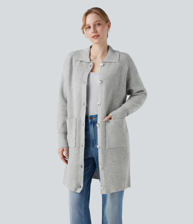Collar Long Sleeve Button Fly Casual Longline Cardigan with Pockets