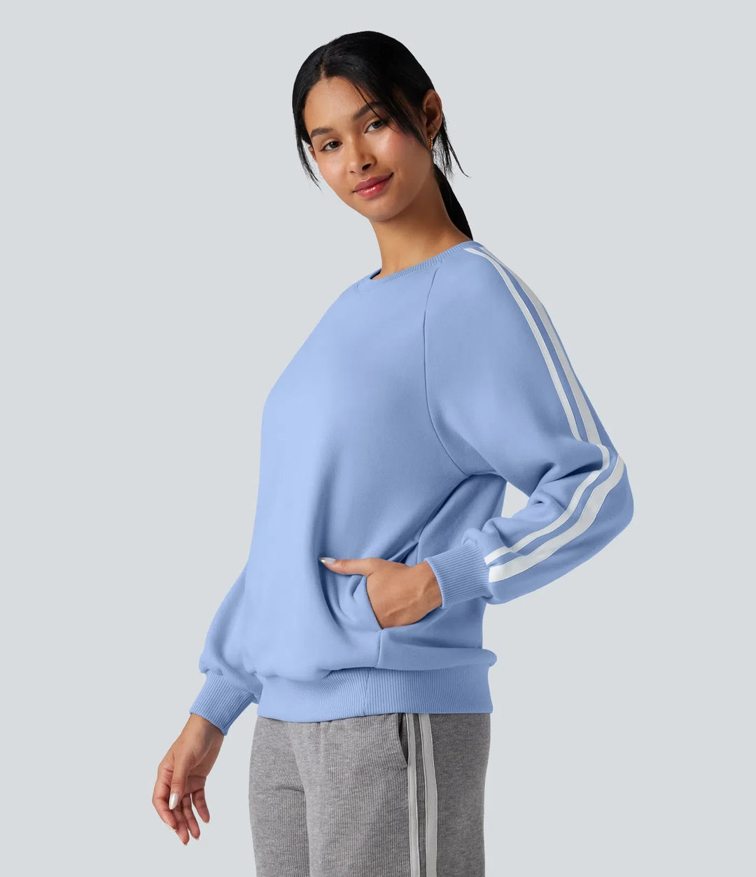 Round Neck Long Sleeve Color Block Fleece Casual Sweatshirt with Pockets