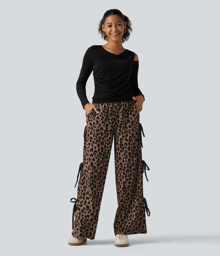 High Waisted Leopard Print Waffle Wide Leg Casual Trousers with Pockets