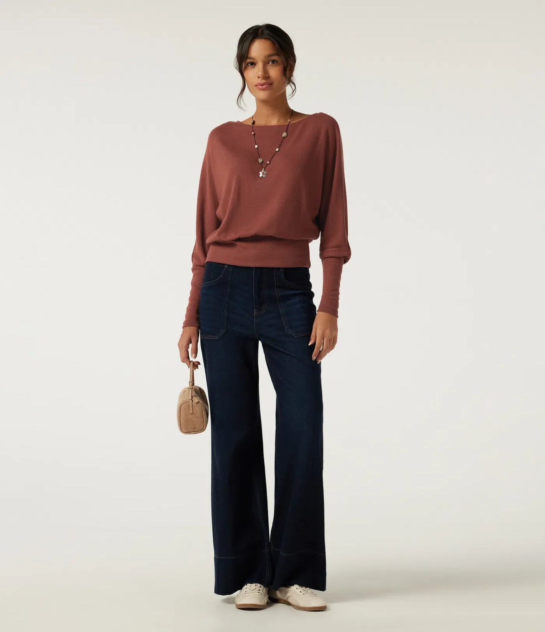 Boat Neck Batwing Long Sleeve Keyhole Back Casual Top