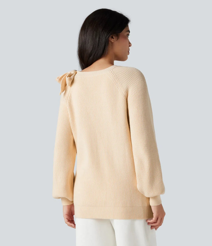 Round Neck Tie Side Long Sleeve Jumper Knit Casual Top