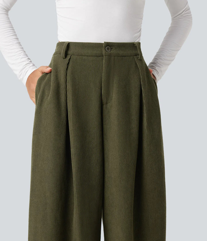 High Waisted Baggy Corduroy Casual Trousers with Pockets