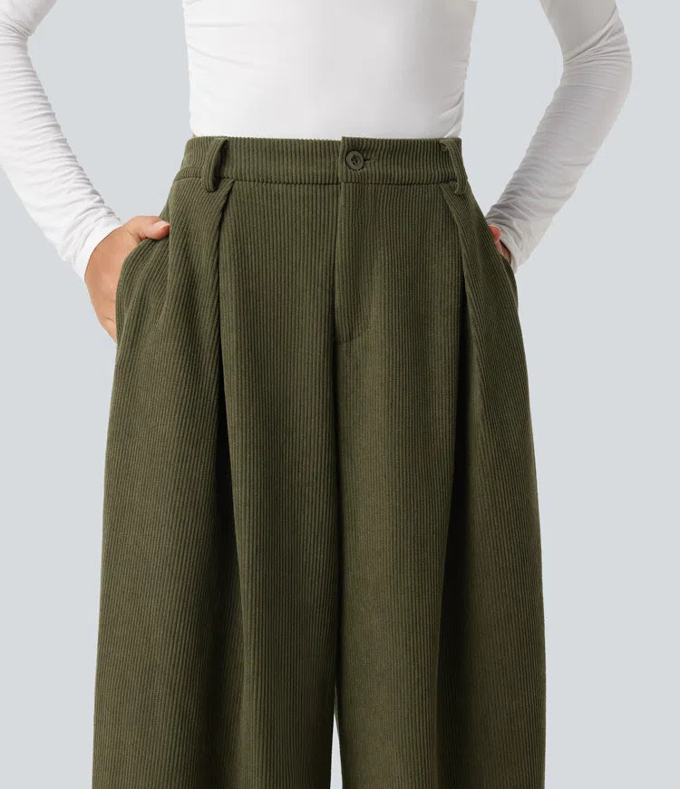 High Waisted Baggy Corduroy Casual Trousers with Pockets