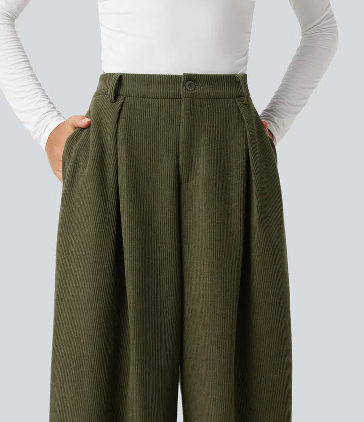 High Waisted Baggy Corduroy Casual Trousers with Pockets