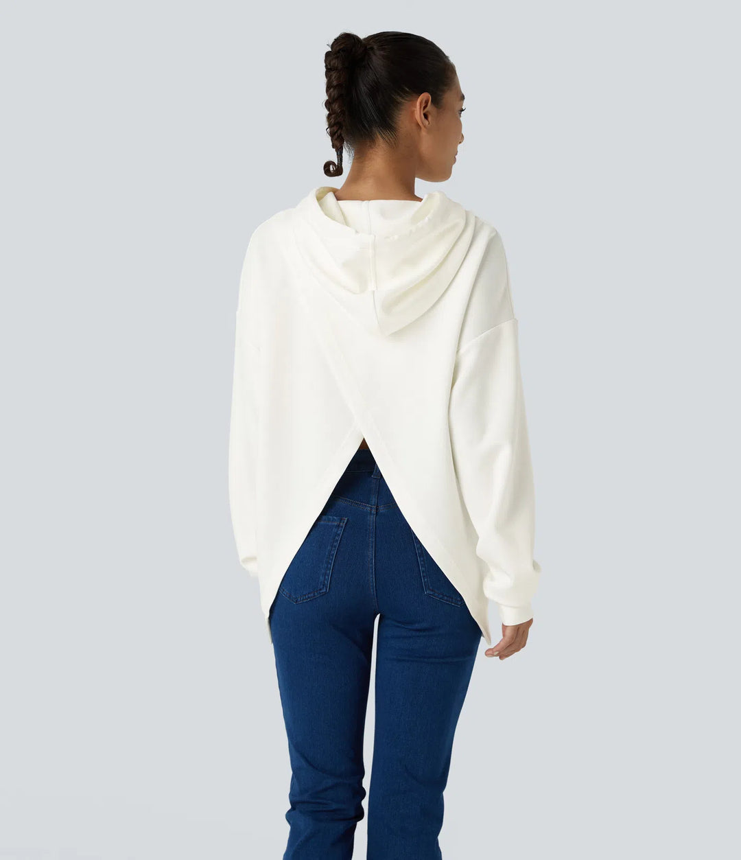 Hooded Drawstring Long Sleeve Kangaroo Pocket Crossover Split Casual Sweatshirt