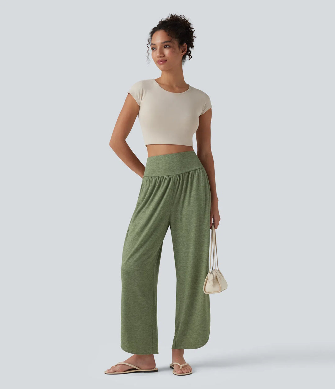 High Waisted Tummy Control Curved Hem Casual Trousers with Pockets