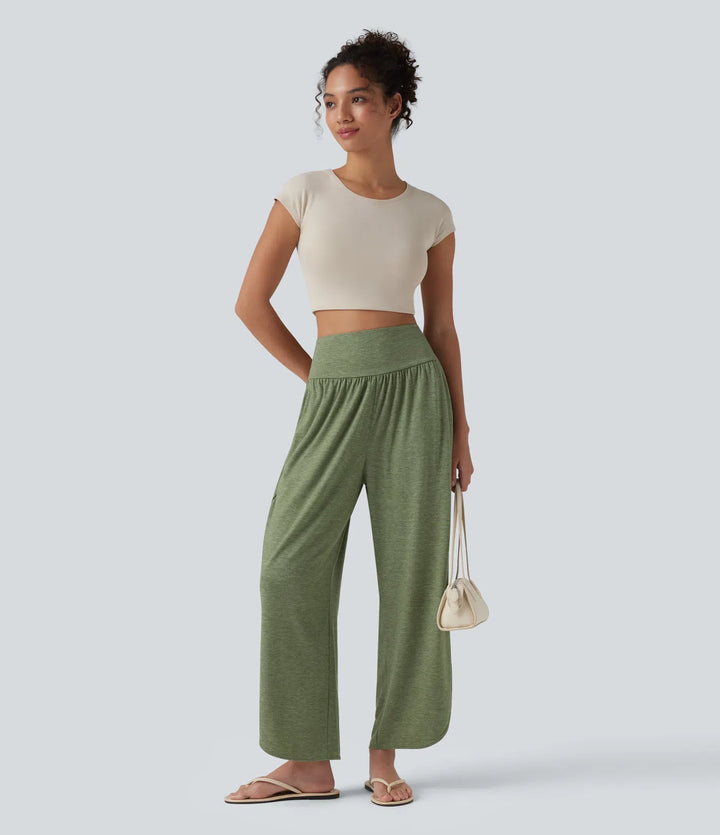 High Waisted Tummy Control Curved Hem Casual Trousers with Pockets