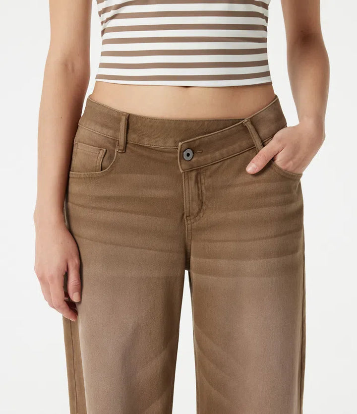 Halara Flex Asymmetric Low Rise Wide Leg colourful Washed Casual Jeans with Pockets