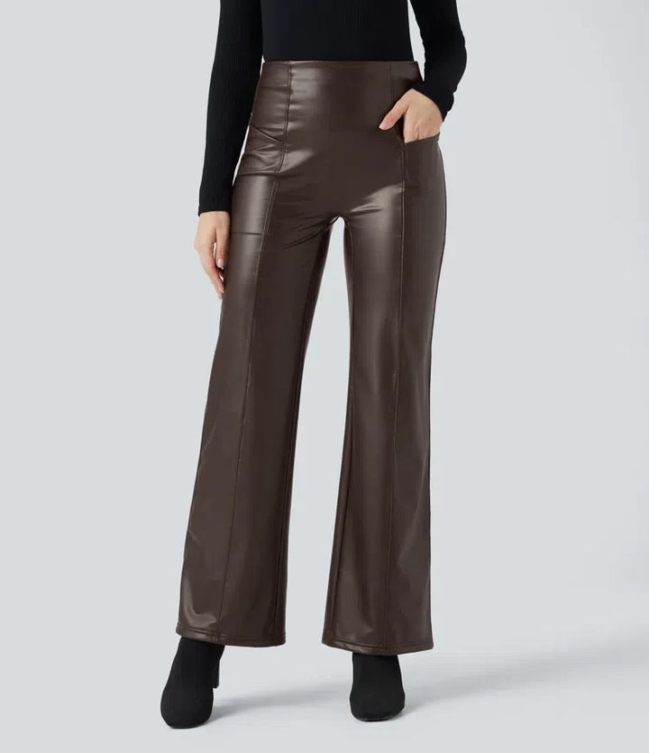 High Waisted Tummy Control Stretchy PU Fleece Casual Flare Trousers with Pockets