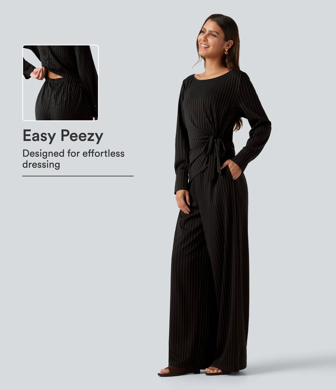 Boat Neck Long Sleeve Tie Side Cool Touch Stripe Work Jumpsuit with Pockets-Easy Peezy Edition