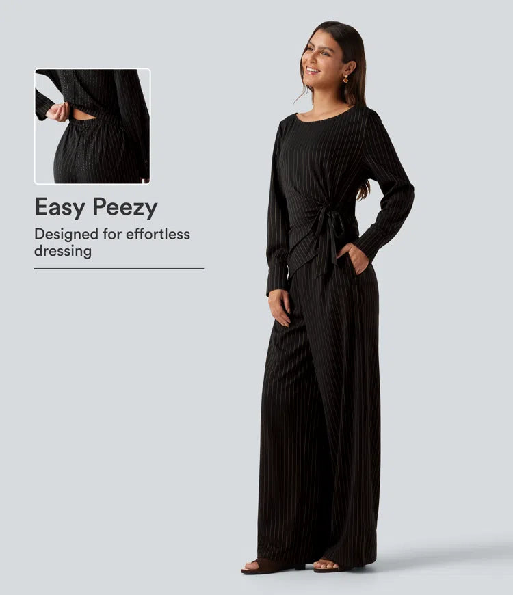 Boat Neck Long Sleeve Tie Side Cool Touch Stripe Work Jumpsuit with Pockets-Easy Peezy Edition