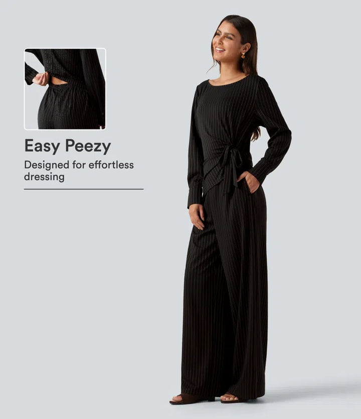 Boat Neck Long Sleeve Tie Side Cool Touch Stripe Work Jumpsuit with Pockets-Easy Peezy Edition