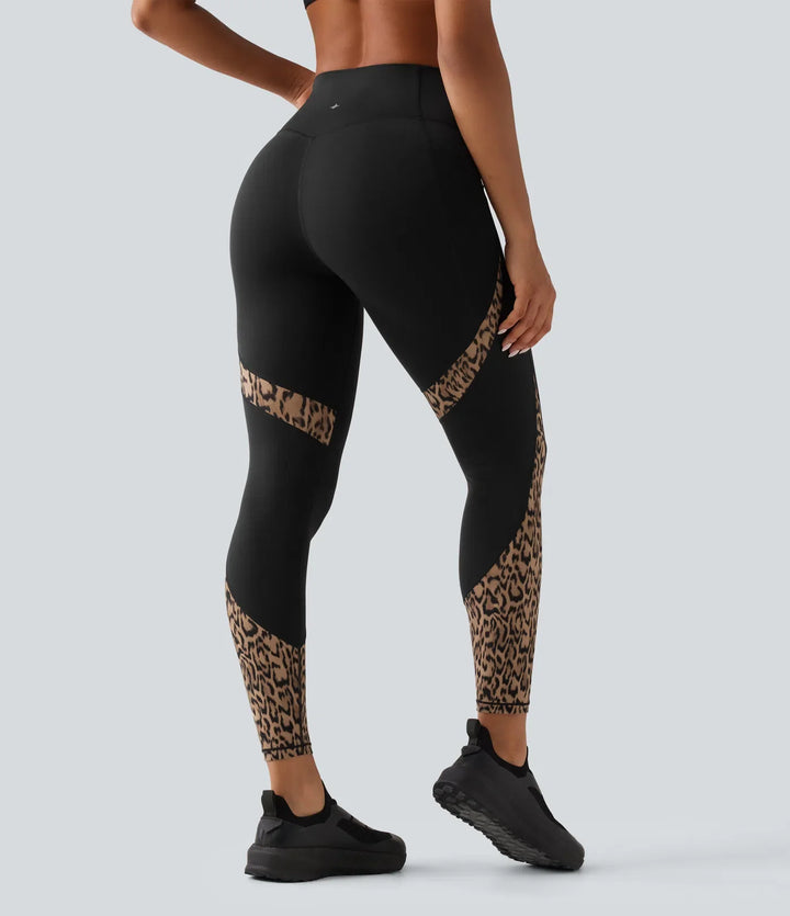 High Waisted Skinny Contrast Mesh Leopard Print Color Block Yoga Leggings with Pockets