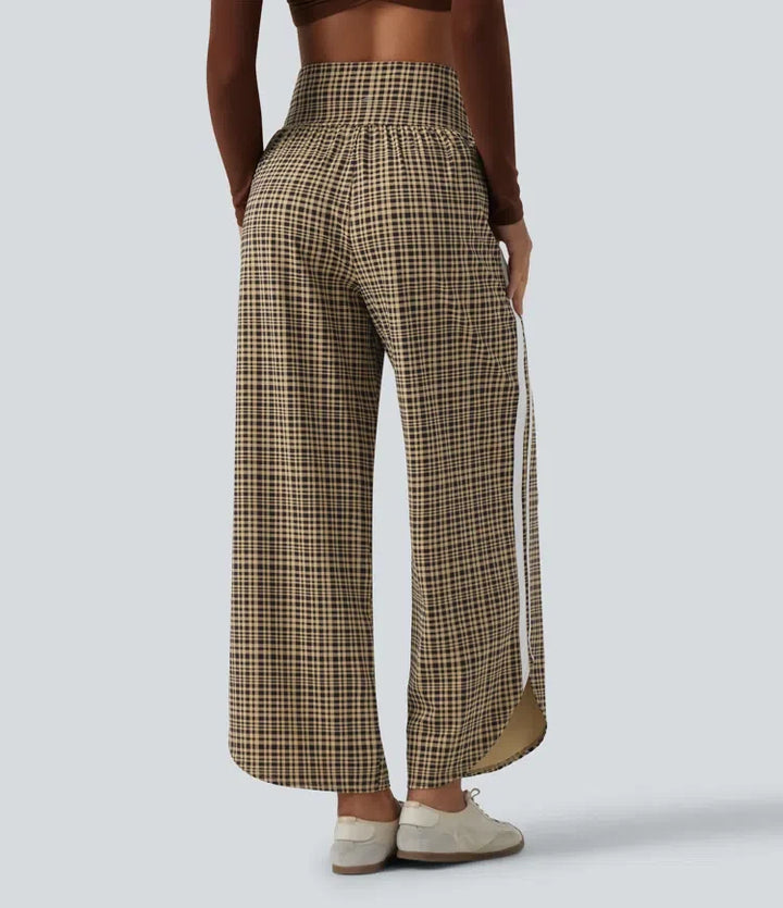 High Waisted Tummy Control Plaid Wide Leg Running Trousers with Pockets