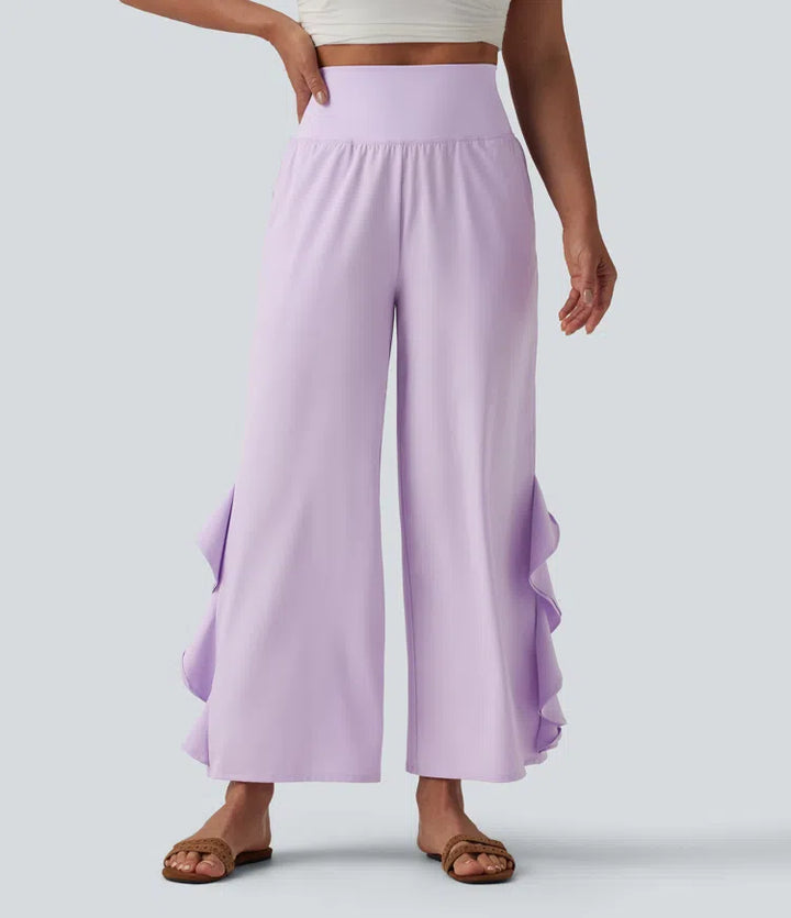 Breezeful High Waisted Ruffle Wide Leg Quick Dry Trousers with Pockets
