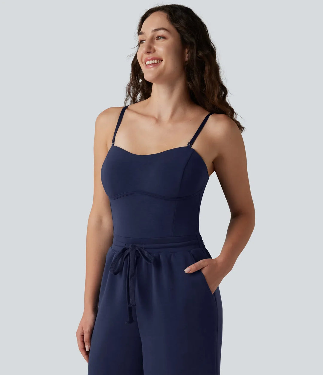 SpacerTek Removable Straps Drawstring Built-in Bra Casual Jumpsuit with Pockets-Easy Peezy
