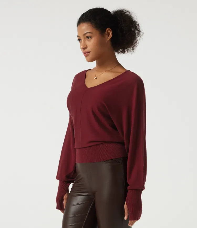 V Neck Batwing Long Sleeve Casual Jumper with Thumbholes