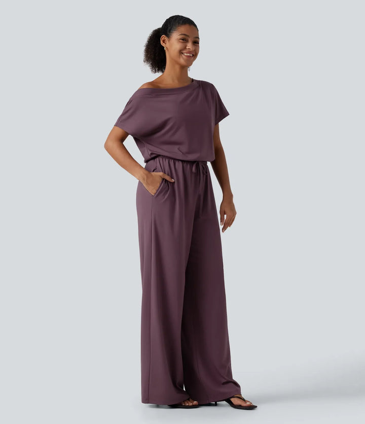 One Shoulder Drawstring Built-in Bra Casual Jumpsuit with Pockets-Easy Peezy Edition