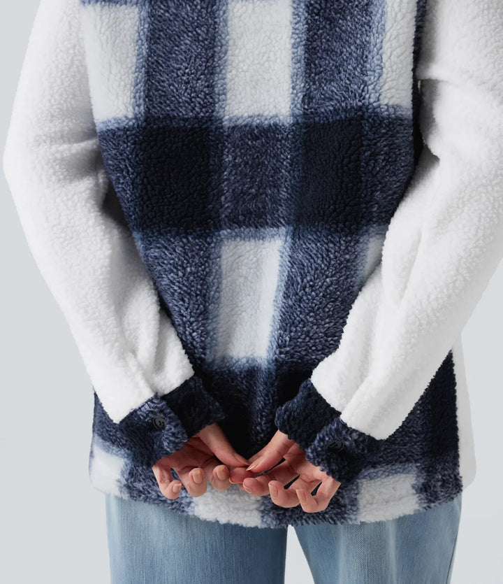 Long Sleeve Plaid Color Block Casual Sherpa Jacket with Pockets