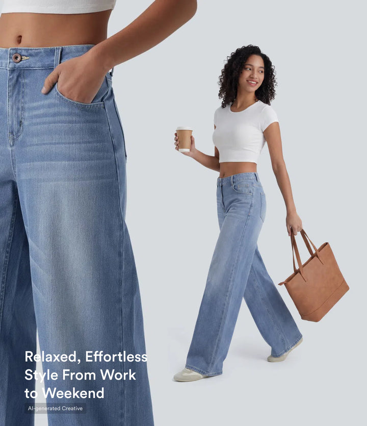 Halara Flex Mid Rise Washed Baggy Wide Leg Casual Jeans with Pockets