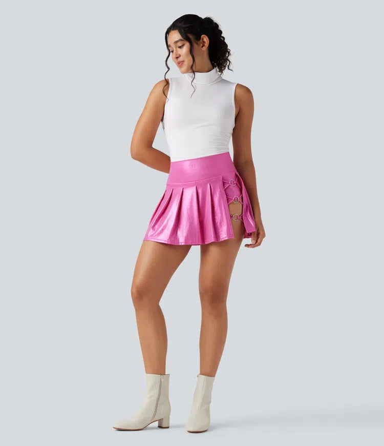 SoftlyZero Faux Leather High Waisted 2-in-1 Pleated Sparkle Foil Print Stretchy Mini Skirt with Pockets