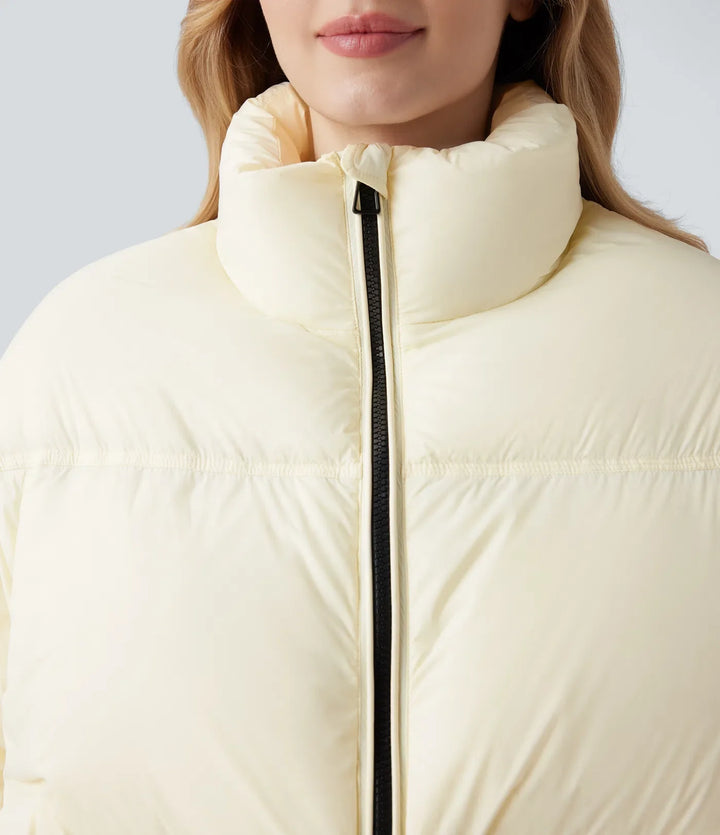 Stand Collar Drawstring Hem Casual Puffer Down Jacket with Pockets