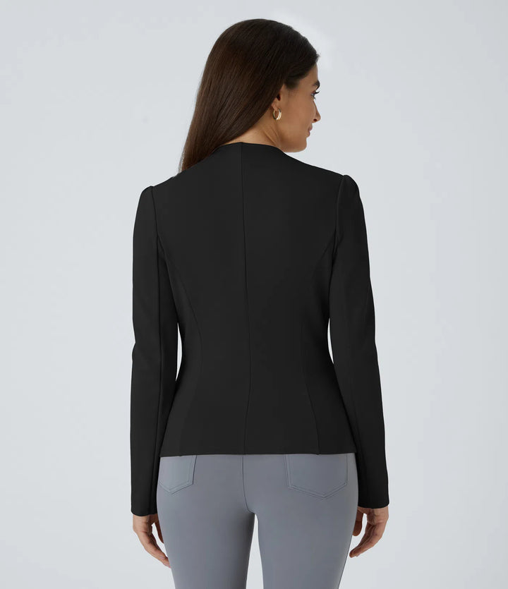 Round Neck Long Sleeve Decorative Button Slim Work Blazer