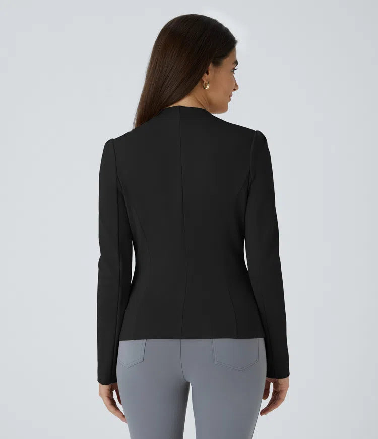 Round Neck Long Sleeve Decorative Button Slim Work Blazer