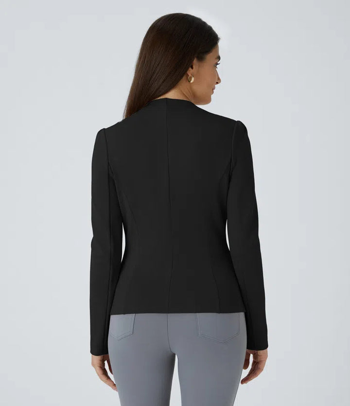 Round Neck Long Sleeve Decorative Button Slim Work Blazer