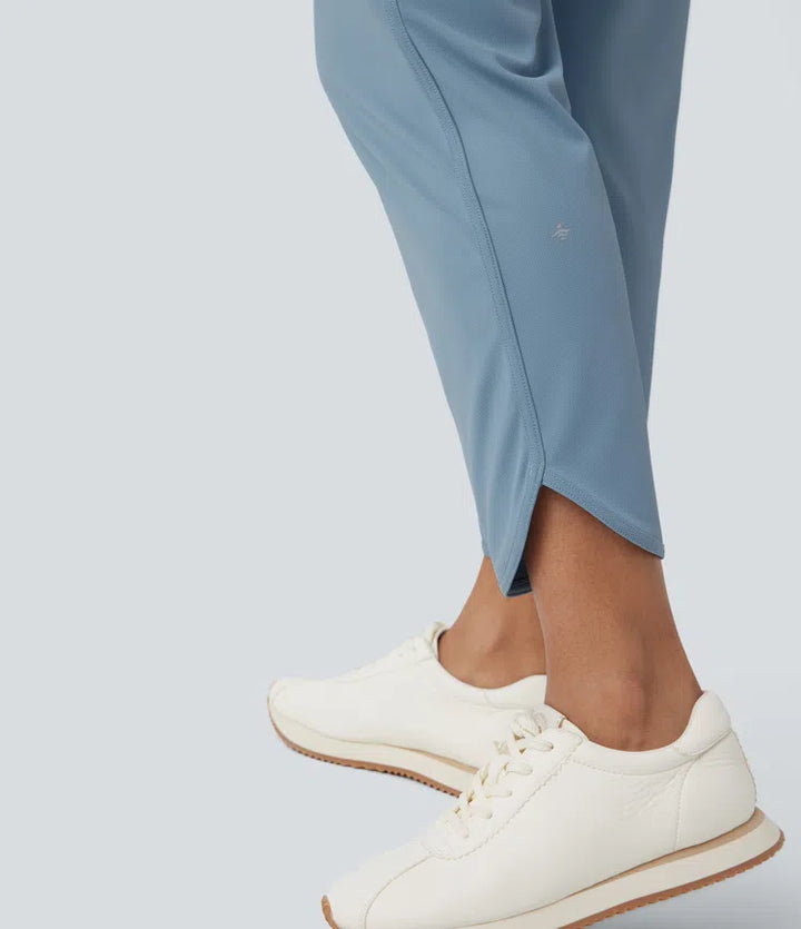Mid Rise Drawstring Curved Hem Quick Dry Golf Tapered Trousers with Pockets-UPF40+