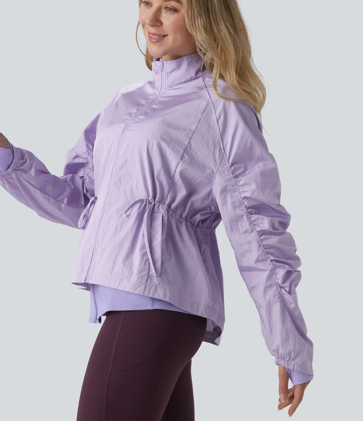 Durable Water Repellent Stand Collar Ruched Sleeve Drawstring Thumb Holes Hiking 3-in-1 Jacket with Pockets