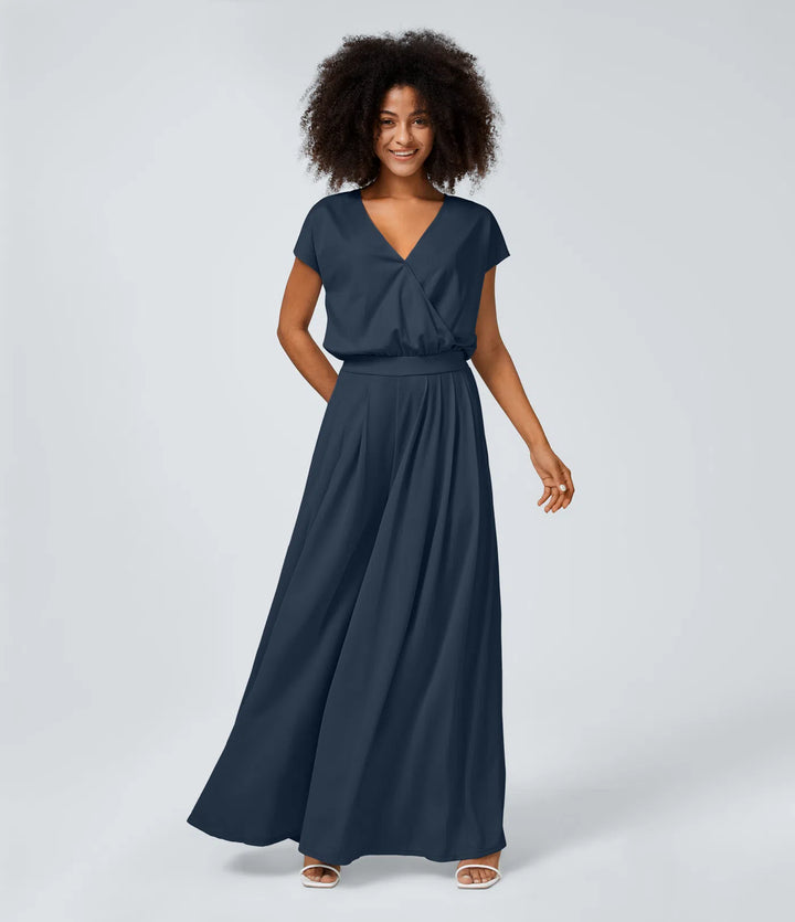 V Neck Short Sleeve Side Pocket Wide Leg Flowy Waffle Casual Jumpsuit