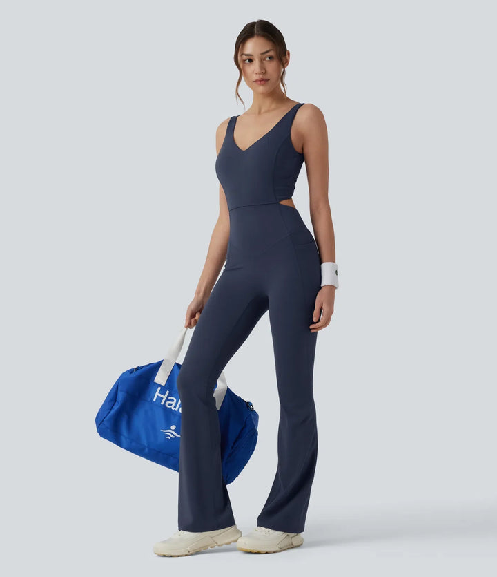 Halara UltraSculpt Non-removable pad Tummy Control Flare Workout Jumpsuit with Pockets-Easy Peezy Edition